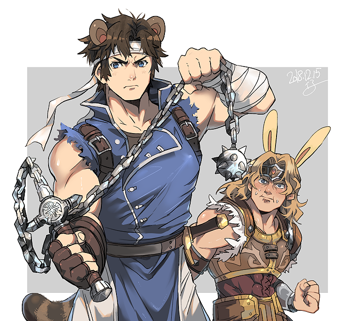 2boys animal_ears belt blonde_hair blue_eyes blush brown_hair cape castlevania castlevania:_rondo_of_blood gloves headband kinako_(462) looking_at_viewer male_focus multiple_boys nintendo raccoon_ears richter_belmondo short_hair simon_belmondo super_smash_bros. super_smash_bros._ultimate weapon whip