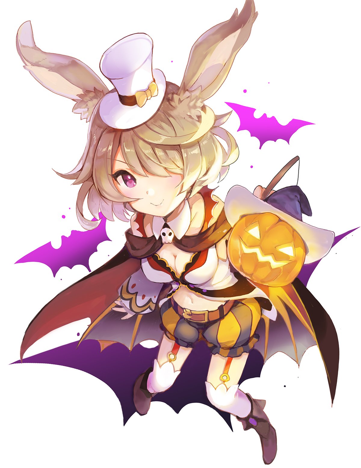 1girl animal_ears bat belt boots breasts brown_footwear character_request cleavage closed_mouth commentary_request dragalia_lost garter_straps hair_over_one_eye hat highres jack-o'-lantern kneehighs light_brown_hair long_sleeves looking_at_viewer medium_breasts mini_hat navel one_eye_covered puffy_shorts rabbit_ears shorts sibyl smile solo top_hat violet_eyes white_hat white_legwear witch_hat