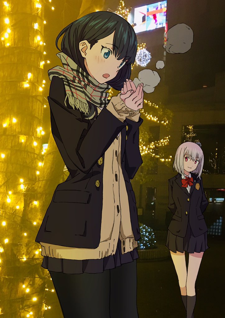 2girls arai_hiroki black_jacket black_legwear black_skirt blazer bow breath cardigan christmas_lights christmas_tree jacket lavender_hair miniskirt multiple_girls outdoors pantyhose pleated_skirt red_bow scarf shinjou_akane skirt sleeves_past_wrists ssss.gridman takarada_rikka