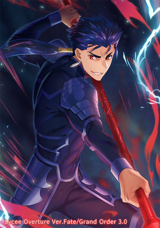 1boy armor blue_hair copyright_name cu_chulainn_(fate/grand_order) dark_background earrings electricity fate/grand_order fate_(series) fighting_stance grin holding_polearm jewelry lancer looking_at_viewer male_focus official_art polearm ponytail red_eyes smile solo spiky_hair standing watermark weapon