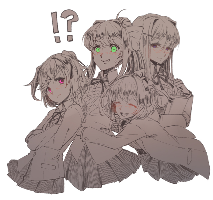 !? 4girls bangs blue_eyes blush bow cropped_torso crossed_arms doki_doki_literature_club green_eyes hair_bow hair_ornament hairclip hug limited_palette long_hair long_sleeves looking_at_another monika_(doki_doki_literature_club) multiple_girls murai_shinobu natsuki_(doki_doki_literature_club) open_mouth pink_eyes pleated_skirt ponytail sayori_(doki_doki_literature_club) skirt smile surprised sweat white_background yuri yuri_(doki_doki_literature_club)