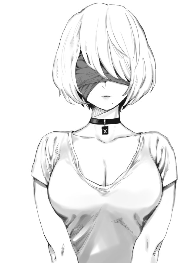 1girl bandage bandaged_head bandages breasts choker cleavage commentary_request lineart mellow_rag mole mole_under_mouth nier_(series) nier_automata parted_lips shading shirt short short_hair simple_background solo white_background wrinkles yorha_no._2_type_b