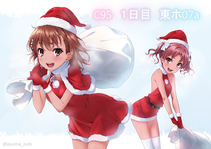 2girls :d bare_shoulders blush brown_eyes brown_hair capelet carrying_bag carrying_over_shoulder christmas commentary_request dress flower fur-trimmed_dress fur-trimmed_gloves fur-trimmed_hat fur_trim gloves hair_flower hair_ornament hat leaning_forward looking_at_viewer medium_hair misaka_mikoto multiple_girls open_mouth puma_(hyuma1219) red_capelet red_dress red_gloves santa_costume santa_hat shirai_kuroko sleeveless smile thigh-highs to_aru_kagaku_no_railgun to_aru_majutsu_no_index upper_teeth white_legwear