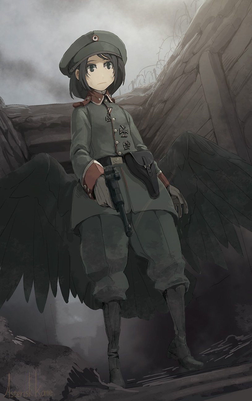 asterisk_kome black_wings boots gloves gun handgun highres holster low_wings luger_p08 medal military military_uniform red_collar tagme trench uniform weapon winged_fusiliers wings