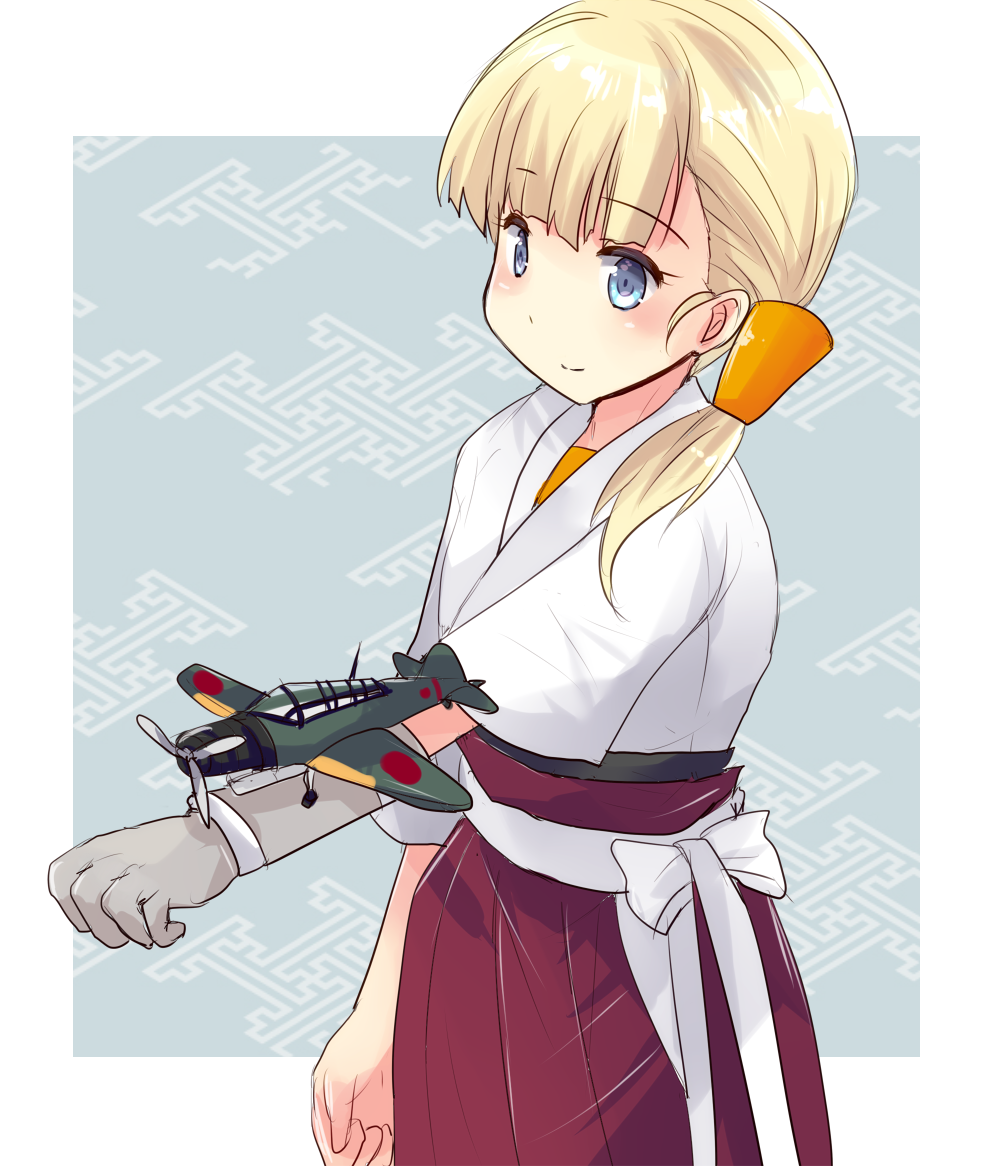 1girl aircraft airplane bangs blonde_hair blue_eyes blunt_bangs closed_mouth cowboy_shot dougi eyebrows_visible_through_hair gloves hair_ornament hakama hakama_skirt hirune_(konekonelkk) japanese_clothes kantai_collection long_hair shin'you_(kantai_collection) side_ponytail smile solo