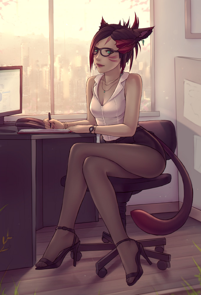 1girl animal_ears black_footwear black_legwear bracelet braid breasts cat_ears cat_tail cityscape cleavage closed_mouth dark_skin day earrings facial_mark final_fantasy final_fantasy_xiv glasses green_eyes high_heels holding holding_pen indoors jewelry legs_crossed lips looking_at_viewer marie_makise medium_breasts miqo'te monitor multicolored_hair necklace pantyhose pen pencil_skirt shirt short_hair sitting skirt sleeveless sleeveless_shirt slit_pupils smile solo soranamae tail two-tone_hair watch watch white_shirt window