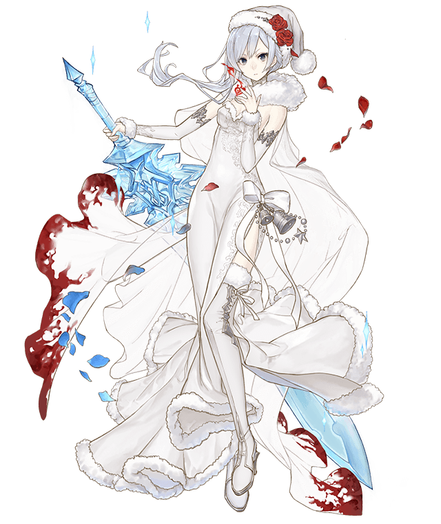 1girl bell christmas crystal_sword detached_sleeves dress flower full_body fur_trim grey_eyes hat ice ji_no looking_at_viewer official_art petals reverse_grip ribbon rose santa_hat see-through side_slit sinoalice snow_white_(sinoalice) solo sword thigh-highs transparent_background weapon white_hair