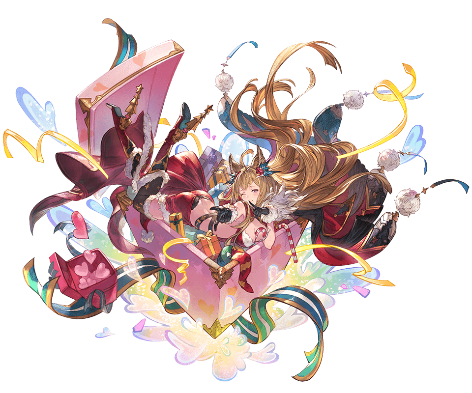 1girl animal_ears bangs between_breasts black_gloves black_legwear blonde_hair boots box breasts brown_eyes cape dress erune full_body fur_trim gift gift_box gloves granblue_fantasy heart high_heel_boots high_heels knee_boots long_hair looking_at_viewer lying metera_(granblue_fantasy) minaba_hideo official_art on_stomach one_eye_closed pom_pom_(clothes) ribbon short_dress sleeveless thigh-highs transparent_background zettai_ryouiki