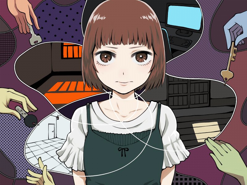 1girl black_dress bob_cut bright_pupils brown_eyes brown_hair closed_mouth commentary_request door dress key looking_at_viewer monitor original shirt short_sleeves solo symbolism white_shirt yajirushi_(chanoma)