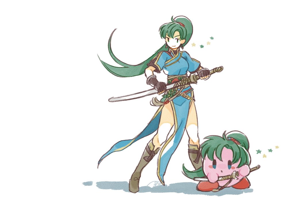 1girl 1other black_gloves closed_mouth dress fingerless_gloves fire_emblem fire_emblem:_rekka_no_ken gloves green_hair hal_laboratory_inc. holding holding_sword holding_weapon hoshi_no_kirby intelligent_systems kirby kirby_(series) long_hair lyndis_(fire_emblem) lyndis_(fire_emblem)_(cosplay) murabito_ba nintendo ohmoto_makiko pelvic_curtain ponytail seiyuu_connection short_sleeves side_slit simple_background sora_(company) standing super_smash_bros. super_smash_bros._ultimate super_smash_bros_brawl super_smash_bros_for_wii_u_and_3ds sword weapon white_background