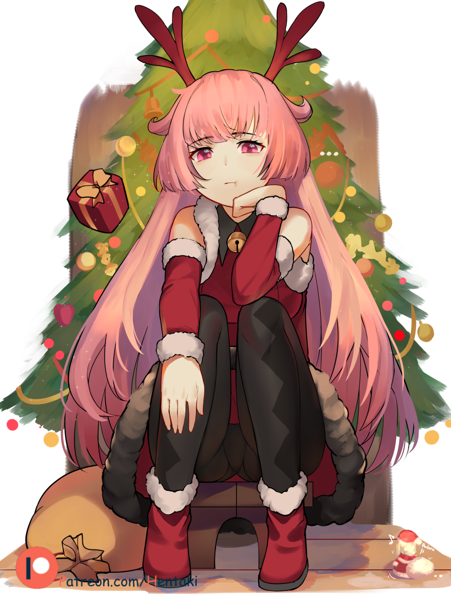 2girls :t antlers bare_shoulders bell black_legwear box breasts christmas christmas_ornaments christmas_tree closed_mouth collared_dress commentary detached_sleeves dress eighth_note english_commentary fate/extra fate_(series) fur-trimmed_boots fur-trimmed_dress fur-trimmed_sleeves fur_trim gift gift_box girls_frontline head_tilt hentaki highres jingle_bell long_hair long_sleeves looking_at_viewer medium_breasts multiple_girls musical_note nero_claudius_(fate) nero_claudius_(fate)_(all) ntw-20_(girls_frontline) padoru panties panties_under_pantyhose pantyhose pink_hair red_dress red_footwear red_sleeves reindeer_antlers sack sitting sleeveless sleeveless_dress solo_focus underwear very_long_hair violet_eyes watermark web_address