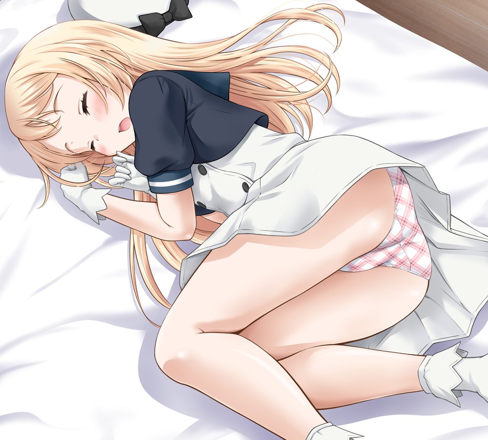 1girl ass bangs bare_legs bed beret black_bow black_jacket blonde_hair blue_sailor_collar blush bow buttons closed_eyes commentary_request cropped_jacket double-breasted dress eyelashes gloves hat hat_bow hat_removed headwear_removed indoors jacket jervis_(kantai_collection) kantai_collection long_hair lying neko_danshaku on_bed on_side open_clothes open_jacket open_mouth panties plaid plaid_panties sailor_collar shadow shoes short_sleeves sidelocks sleeping solo thighs underwear upper_teeth white_dress white_footwear white_gloves white_hat white_panties wooden_floor