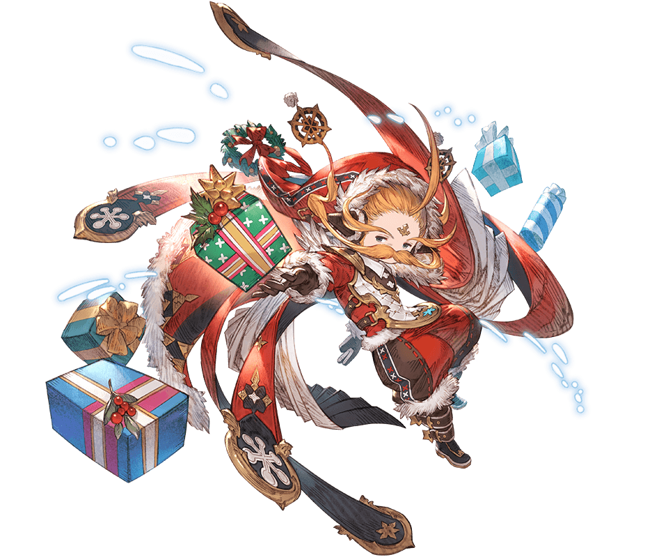 1boy alternate_costume boots brown_gloves cape christmas facial_hair facial_mark forehead_mark full_body fur gift gloves granblue_fantasy hat head_tilt mistletoe mustache official_art orange_hair outstretched_arm puffy_pants ribbon santa_costume uno_(granblue_fantasy) white_background wreath