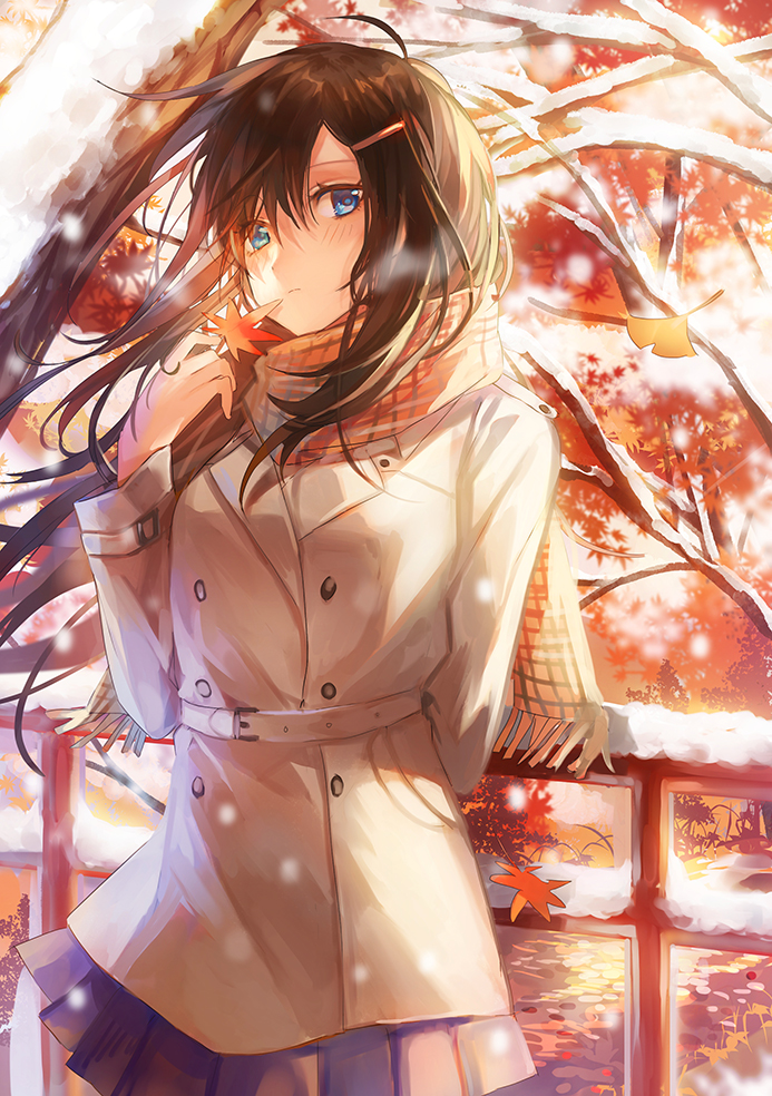 1girl blue_eyes blush branch brown_hair closed_mouth coat commentary_request hair_ornament hairclip leaf long_hair looking_at_viewer original peacoat pleated_skirt railing skirt snow standing tsugutoku white_coat winter