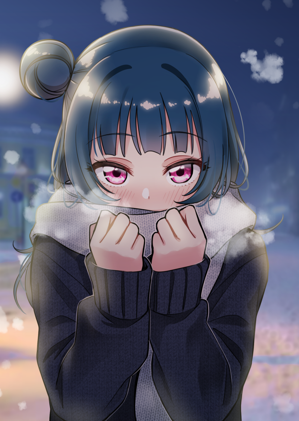 1girl bangs black_sweater blue_hair blurry blurry_background blush breath clenched_hands covering_mouth deadnooodles grey_scarf hands_up highres long_hair long_sleeves looking_at_viewer love_live! love_live!_sunshine!! night outdoors scarf side_bun solo sweater tsushima_yoshiko upper_body violet_eyes winter winter_clothes