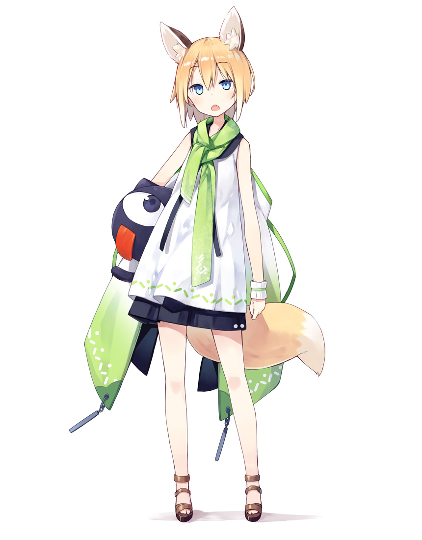 1girl animal_ear_fluff animal_ears arm_at_side bangs blonde_hair blue_eyes blush dress eyebrows_visible_through_hair fang fox_ears fox_tail full_body green_scarf holding kuroino_(poco) looking_at_viewer open_mouth original poco_(asahi_age) sandals scarf shiratama_kitsune short_hair simple_background sleeveless sleeveless_dress solo standing tail white_background wrist_cuffs