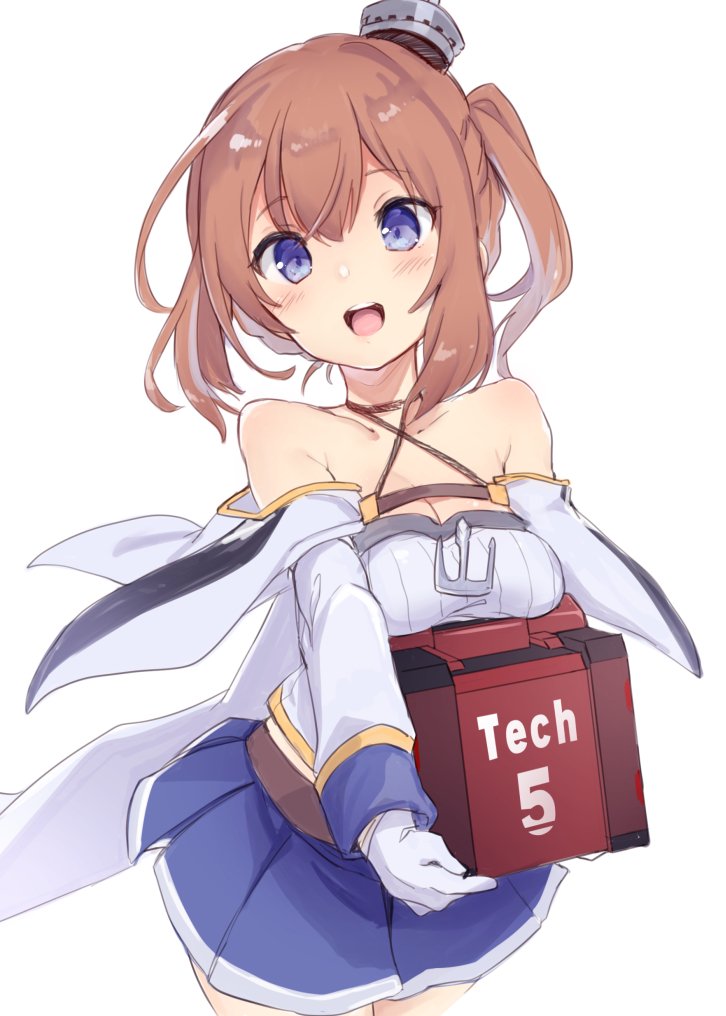 1girl :d azur_lane bare_shoulders blue_skirt blush breasts brown_hair cleavage commentary_request cowboy_shot criss-cross_halter gloves hair_ornament halterneck holding kedama_milk long_sleeves looking_at_viewer medium_breasts one_side_up open_mouth pleated_skirt repulse_(azur_lane) round_teeth short_hair skirt smile solo standing teeth violet_eyes white_gloves