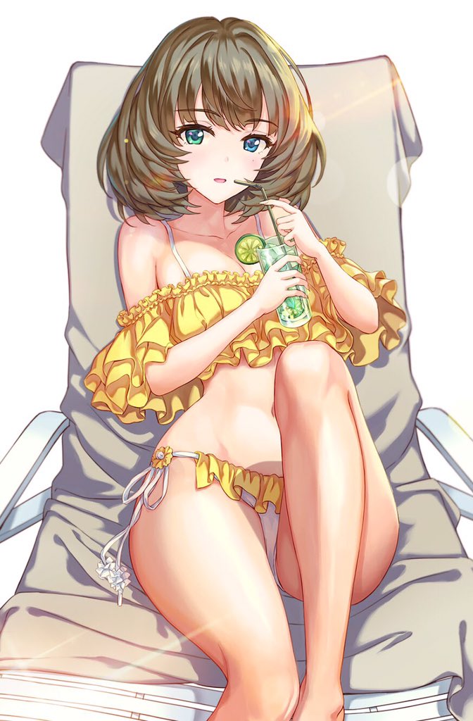 1girl barefoot bikini blue_eyes brown_hair chair commentary_request drink feet_out_of_frame frilled_bikini frills green_eyes heterochromia hhama idolmaster idolmaster_cinderella_girls looking_at_viewer lounge_chair lying mole mole_under_eye short_hair side-tie_bikini simple_background solo straw swimsuit takagaki_kaede white_background yellow_bikini