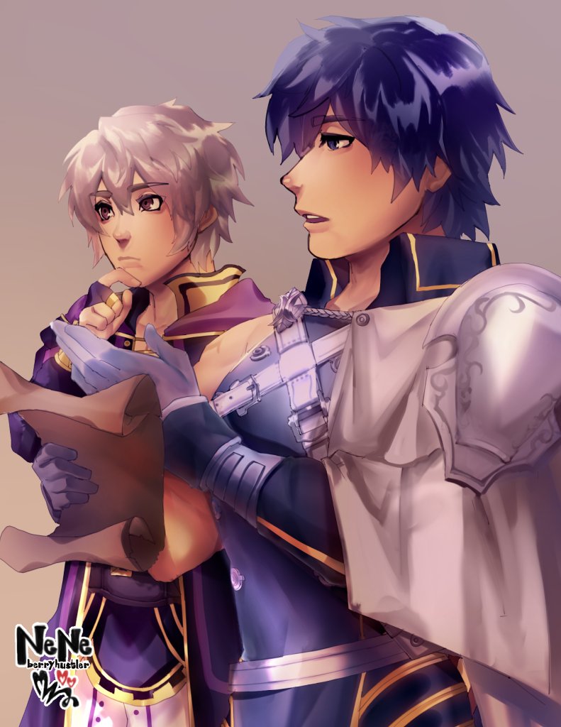 2boys armor berryhustler blue_eyes cape fire_emblem fire_emblem:_kakusei gloves jewelry krom male_focus male_my_unit_(fire_emblem:_kakusei) multiple_boys my_unit_(fire_emblem:_kakusei) nintendo paper ring robe short_hair simple_background super_smash_bros. super_smash_bros._ultimate tiara white_hair