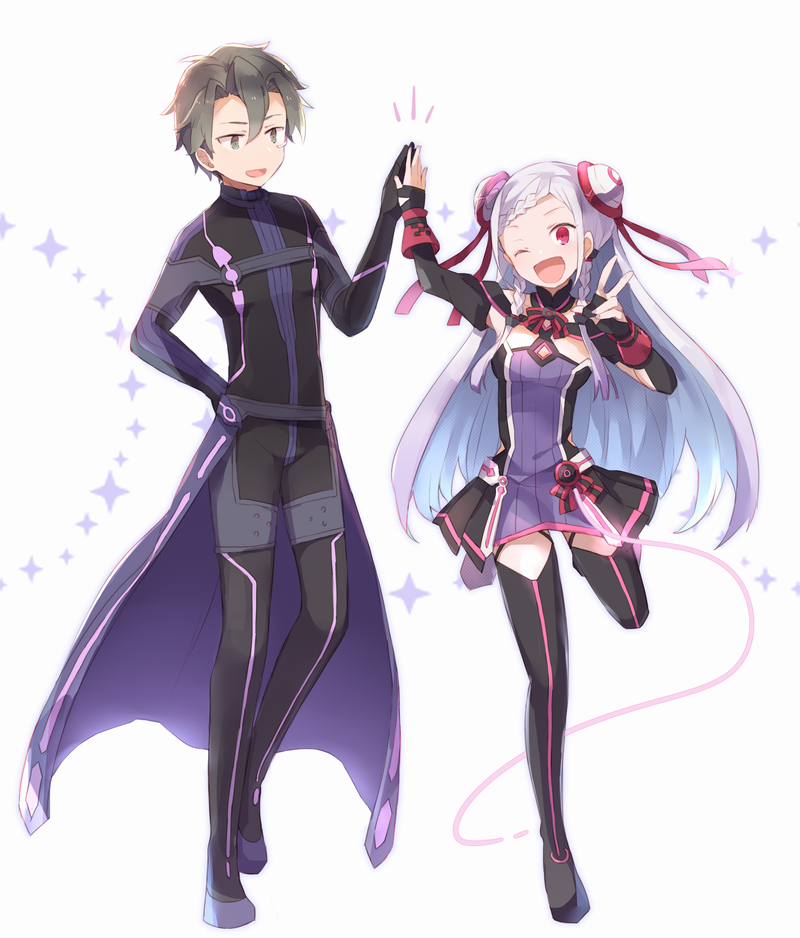 1boy 1girl :d ;d bangs black_bodysuit black_footwear black_sleeves bodysuit boots braid breasts brown_eyes brown_hair cape detached_sleeves double_bun dress eiji_(sao) floating_hair french_braid hair_ribbon hand_on_hip head_tilt long_hair long_sleeves looking_at_viewer one_eye_closed open_mouth oto_(rozeko) parted_bangs purple_cape purple_dress red_eyes red_ribbon ribbon short_dress silver_hair small_breasts smile sword_art_online sword_art_online_the_movie:_ordinal_scale thigh-highs thigh_boots v very_long_hair waist_cape white_background yuna_(sao)