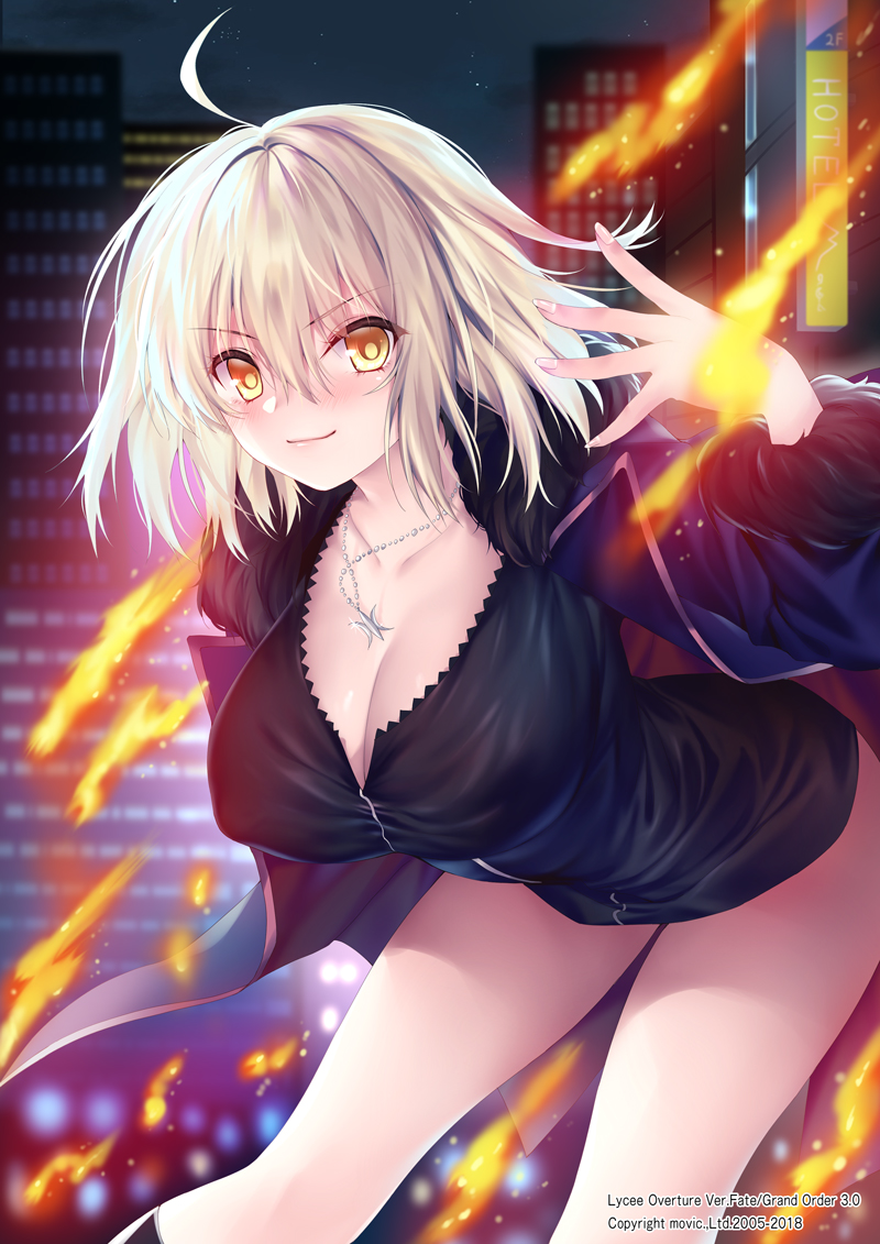 1girl ahoge bangs black_dress blue_coat blush breasts cleavage closed_mouth coat dress fate/grand_order fate_(series) fire fur-trimmed_coat fur_trim hair_between_eyes jeanne_d'arc_(alter)_(fate) jeanne_d'arc_(fate)_(all) jewelry large_breasts leaning_forward looking_at_viewer necklace obiwan open_clothes open_coat short_dress short_hair silver_hair smile solo thighs wicked_dragon_witch_ver._shinjuku_1999 yellow_eyes
