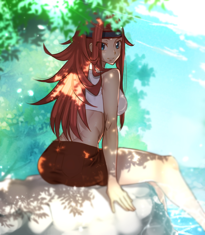 1girl alternate_hairstyle blue_eyes clouds code_geass eyes_visible_through_hair headband kallen_stadtfeld long_hair looking_at_viewer mantis0 redhead shirt shorts sitting sky smile solo water white_shirt