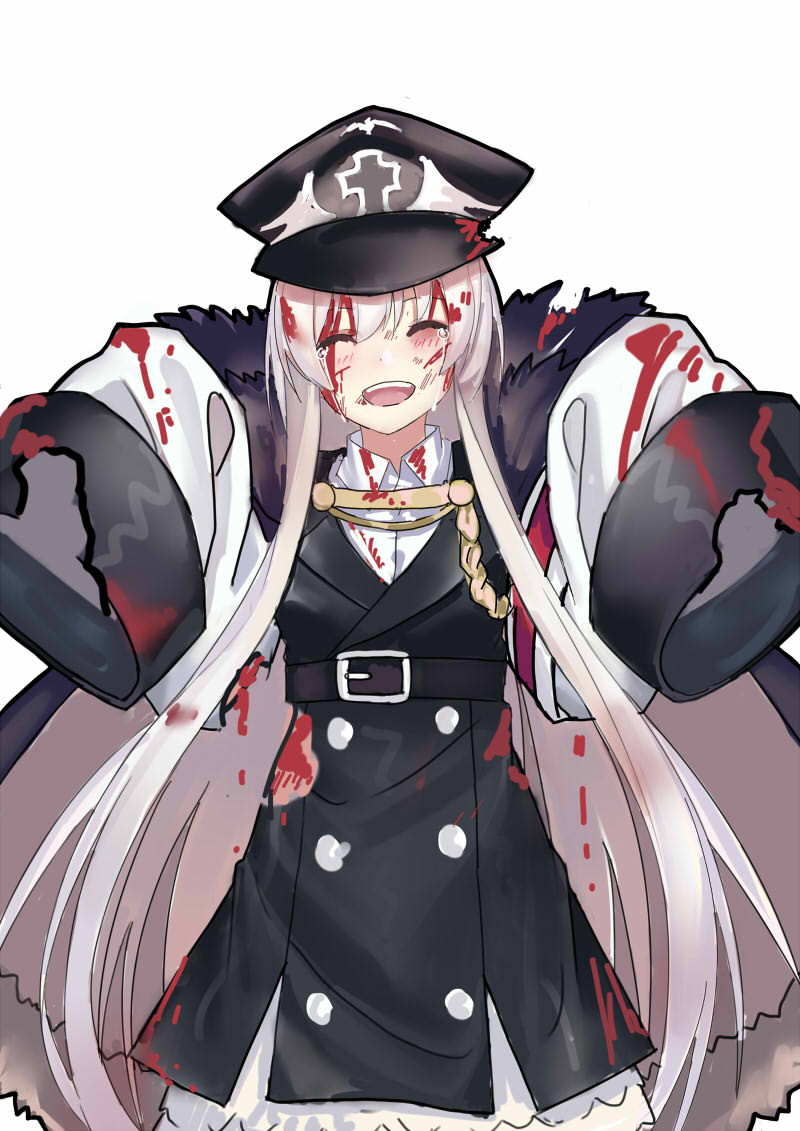 1girl blood bloody_clothes closed_eyes echj facial_scar fur_collar girls_frontline hat injury kar98k_(girls_frontline) long_hair long_sleeves military military_uniform oversized_clothes peaked_cap scar scar_on_cheek silver_hair smile solo tears torn_clothes uniform younger