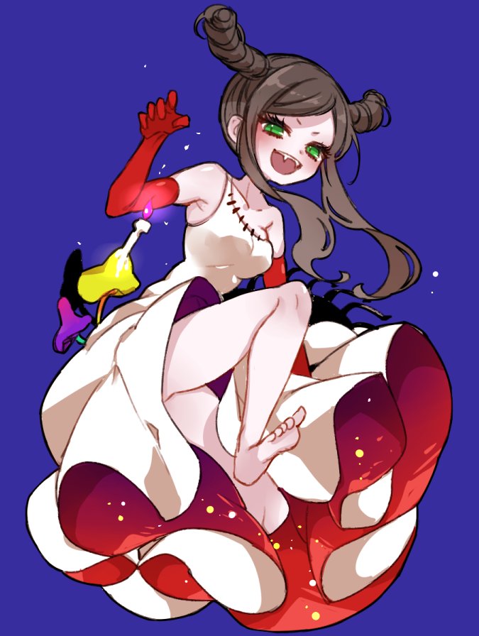 1girl :d barefoot black_hair breasts chino_machiko copyright_request dress elbow_gloves eyelashes fangs gloves green_eyes lantern long_dress long_hair looking_at_viewer medium_breasts mushroom open_mouth purple_background red_gloves simple_background slit_pupils smile solo white_dress