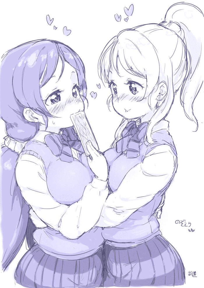 2girls artist_name ayase_eli blush bow bowtie card covering_mouth eye_contact hair_ornament hair_scrunchie heart holding holding_card hug long_sleeves looking_at_another love_live! love_live!_school_idol_project monochrome multiple_girls otonokizaka_school_uniform ponytail purple randou school_uniform scrunchie sidelocks sketch skirt smile striped striped_neckwear sweatdrop sweater_vest toujou_nozomi twintails yuri