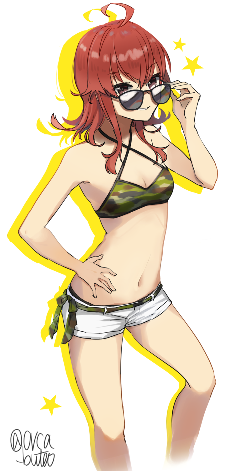 1girl ahoge arashi_(kantai_collection) bangs bare_arms bare_shoulders bikini breasts brown_eyes brown_hair camouflage camouflage_bikini cleavage criss-cross_halter eyebrows_visible_through_hair feet_out_of_frame fingernails grin hair_between_eyes halter_top halterneck hand_on_eyewear hand_on_hip hand_up highres kantai_collection long_hair looking_at_viewer looking_over_eyewear medium_hair messy_hair navel parted_lips shadow short_shorts shorts simple_background small_breasts smile solo star sunglasses swimsuit twitter_username white_background white_shorts yamashiki_(orca_buteo)