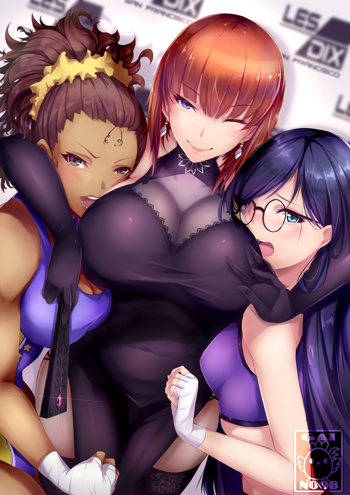 3girls artist_logo artist_name bangs bare_shoulders black_dress black_gloves black_legwear blue_eyes blue_hair blurry blush breasts brown_eyes brown_hair closed_mouth collarbone commission covered_navel dark_skin depth_of_field dress earrings elbow_gloves engrish_commentary eyebrows_visible_through_hair gainoob girl_sandwich glasses gloves hair_ornament jewelry large_breasts leotard long_hair multiple_girls one_eye_closed open_mouth original redhead sandwiched scrunchie short_hair smile sports_bra upper_teeth v-shaped_eyebrows violet_eyes