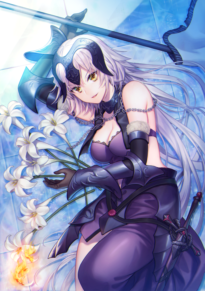 1girl armor black_dress blue_background breasts chains cleavage commentary_request day dress elbow_gloves eyebrows_visible_through_hair fate/grand_order fate_(series) faulds fire flag flower fur_trim gauntlets gloves headpiece jeanne_d'arc_(alter)_(fate) jeanne_d'arc_(fate)_(all) large_breasts light_rays lily_(flower) long_hair lying on_side silver_hair smile sunbeam sunlight sword tile_floor tiles very_long_hair weapon yamyom yellow_eyes