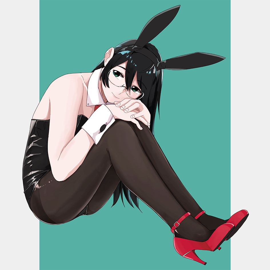 1girl animal_ears black_hair black_legwear black_leotard bunny_tail bunnysuit detached_collar full_body glasses green_eyes hands_on_own_knees high_heels kantai_collection leotard long_hair ojipon ooyodo_(kantai_collection) pantyhose rabbit_ears red_footwear red_neckwear semi-rimless_eyewear sitting solo strapless strapless_leotard tail two-tone_background under-rim_eyewear wrist_cuffs