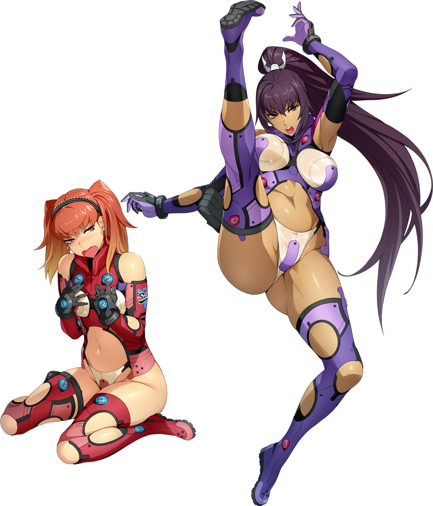 2girls amanomiya_ayame arm_up bertha_bernstein blush breasts dark_skin earrings fang flat_chest gradient_hair hairband high_kick jewelry kicking large_breasts long_hair looking_at_viewer multicolored_hair multiple_girls navel official_art open_mouth orange_hair purple_hair purple_legwear red_legwear redhead sitting super_robot_wars super_robot_wars_x-omega thigh-highs transparent_background twintails very_long_hair violet_eyes wariza watanabe_wataru