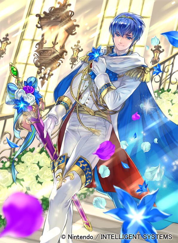 1boy blue_eyes blue_hair fire_emblem fire_emblem:_mystery_of_the_emblem fire_emblem_cipher flower formal full_body gloves groom looking_at_viewer male_focus marth nintendo official_art short_hair smile suit suzuki_rika tiara tuxedo white_gloves white_suit