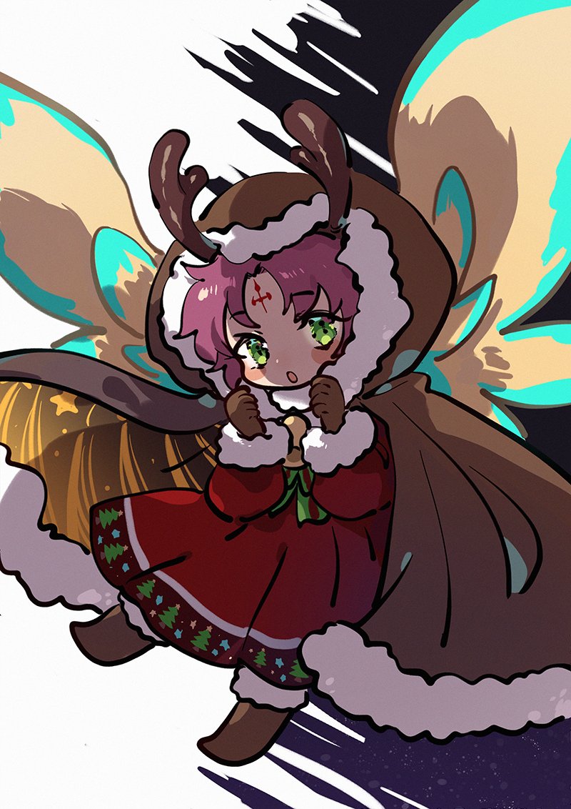 1girl antlers bell brown_gloves cape dragon_wings dress fa facial_mark fire_emblem fire_emblem:_fuuin_no_tsurugi fire_emblem_heroes forehead_mark fur_trim gloves green_eyes hood hood_up kmkr long_sleeves mamkute nintendo open_mouth purple_hair reindeer_antlers short_hair solo wings