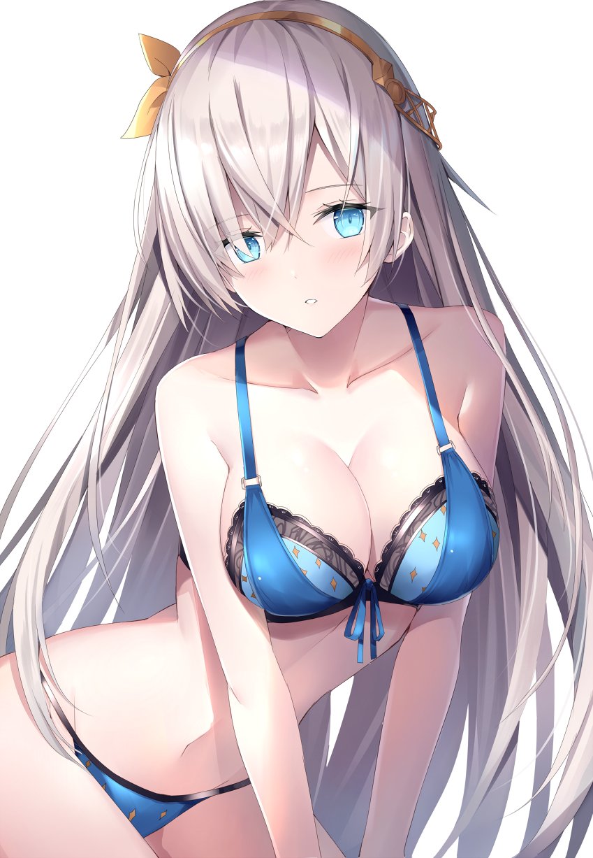 1girl all_fours anastasia_(fate/grand_order) bangs blue_bra blue_eyes blue_panties blush bra breasts cleavage collarbone eyebrows_visible_through_hair fate/grand_order fate_(series) groin hair_between_eyes hair_over_one_eye hairband highres lingerie long_hair looking_at_viewer navel panties parted_lips rin_yuu sidelocks silver_hair simple_background solo stomach underwear underwear_only very_long_hair white_background