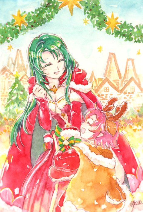 2girls antlers breasts cape cecilia_(fire_emblem) christmas_tree cleavage closed_eyes dress elbow_gloves fa fire_emblem fire_emblem:_fuuin_no_tsurugi fire_emblem_heroes fur_trim gloves green_hair leaning_forward long_hair long_sleeves mamkute multiple_girls nintendo open_mouth pointy_ears ponzu_(pnz_210) purple_hair red_gloves reindeer_antlers short_hair