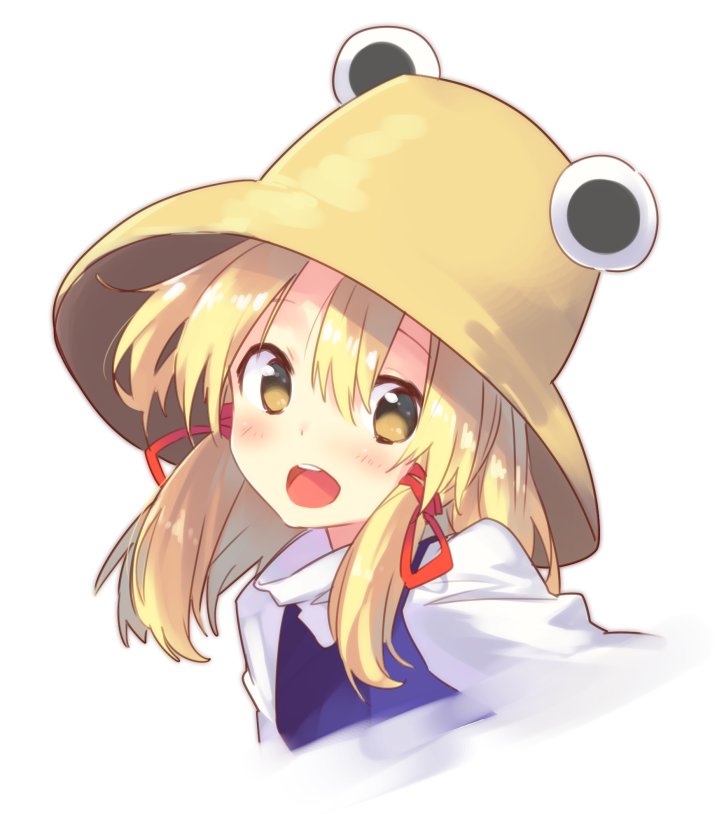 1girl blonde_hair hair_between_eyes hair_ribbon hat long_hair looking_at_viewer moriya_suwako open_mouth portrait red_ribbon ribbon sawayaka_samehada shirt sidelocks simple_background smile solo touhou tress_ribbon turtleneck vest white_background yellow_eyes yellow_hat