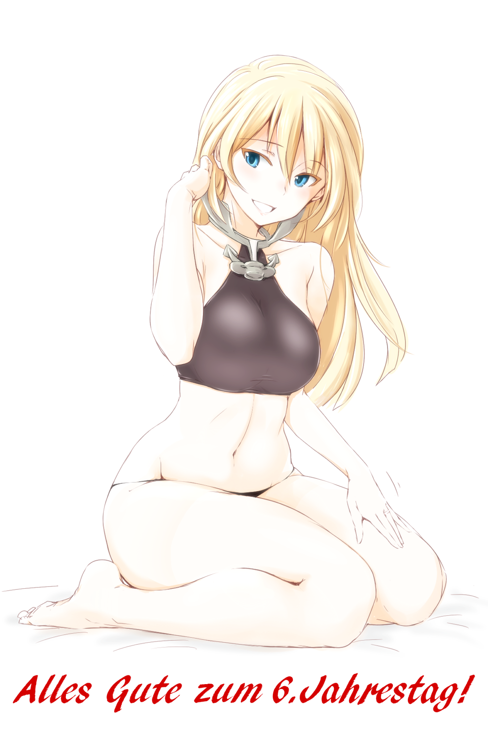 1girl anchor bangs barefoot bed_sheet bismarck_(kantai_collection) black_panties black_sports_bra blonde_hair blue_eyes commentary eyebrows_visible_through_hair full_body german_text hand_in_hair highres kantai_collection long_hair looking_at_viewer navel on_bed open_mouth panties sasaki_akira_(ugc) simple_background sitting smile solo translation_request underwear underwear_only wariza white_background