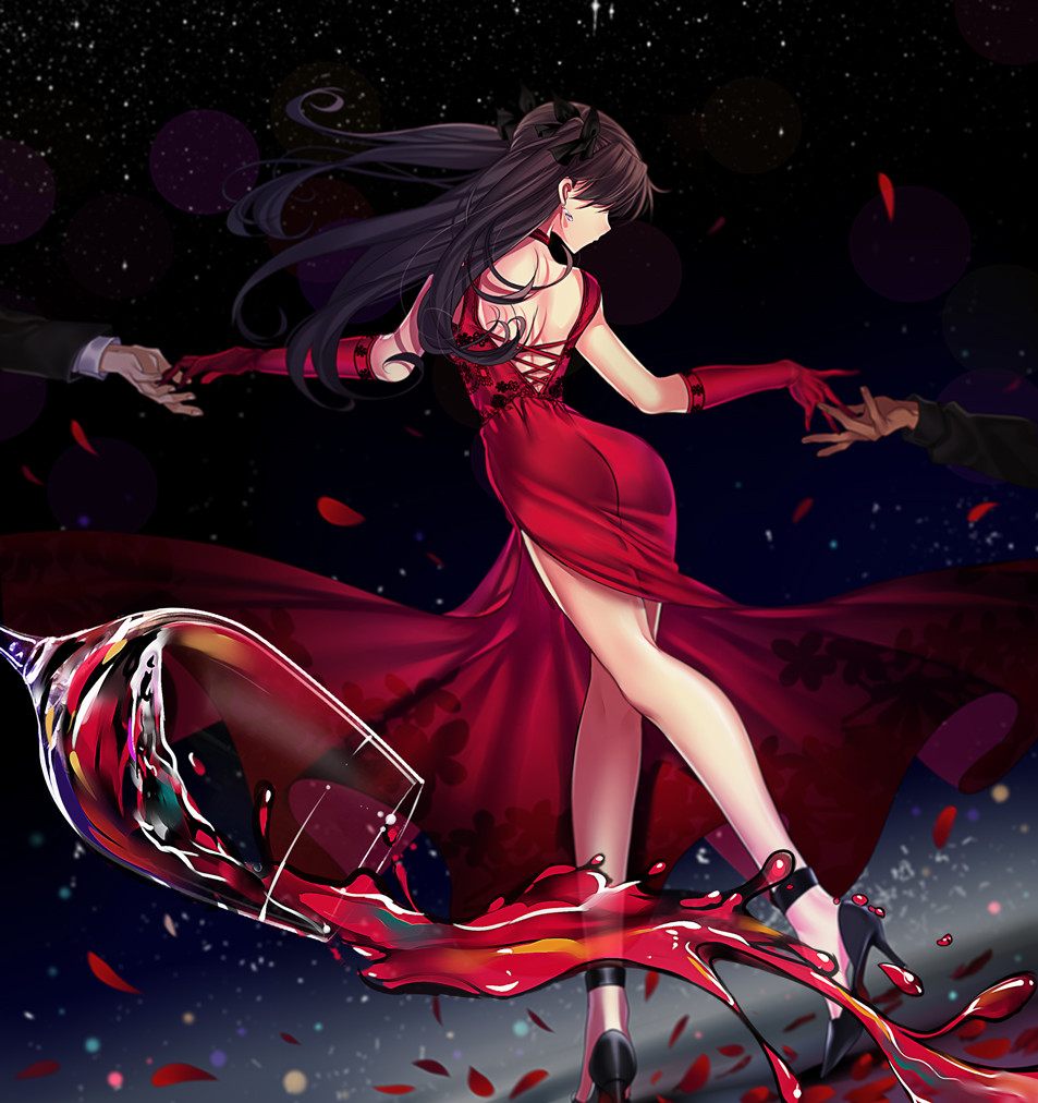 1girl 2boys alcohol ankle_strap ass black_footwear black_hair cup dark_skin dark_skinned_male dress drinking_glass earrings fate/stay_night fate_(series) floating_hair gloves hair_ribbon high_heels jewelry long_hair multiple_boys petals red_dress red_gloves ribbon shirt sky spill star_(sky) starry_sky thighs tohsaka_rin two_side_up wind wind_lift wine wine_glass yaoshi_jun