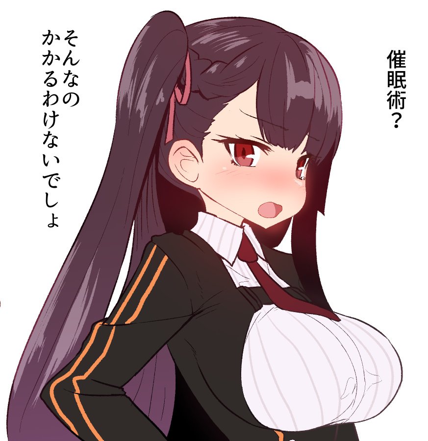 1girl bangs black_jacket blush braid breasts collared_shirt embarrassed eyebrows_visible_through_hair girls_frontline hair_ribbon hand_on_hip jacket large_breasts long_sleeves looking_at_viewer necktie nose_blush one_side_up open_mouth red_eyes red_neckwear red_ribbon redhead ribbon shirt simple_background solo sumiyao_(amam) translation_request upper_body wa2000_(girls_frontline) white_background white_shirt wing_collar