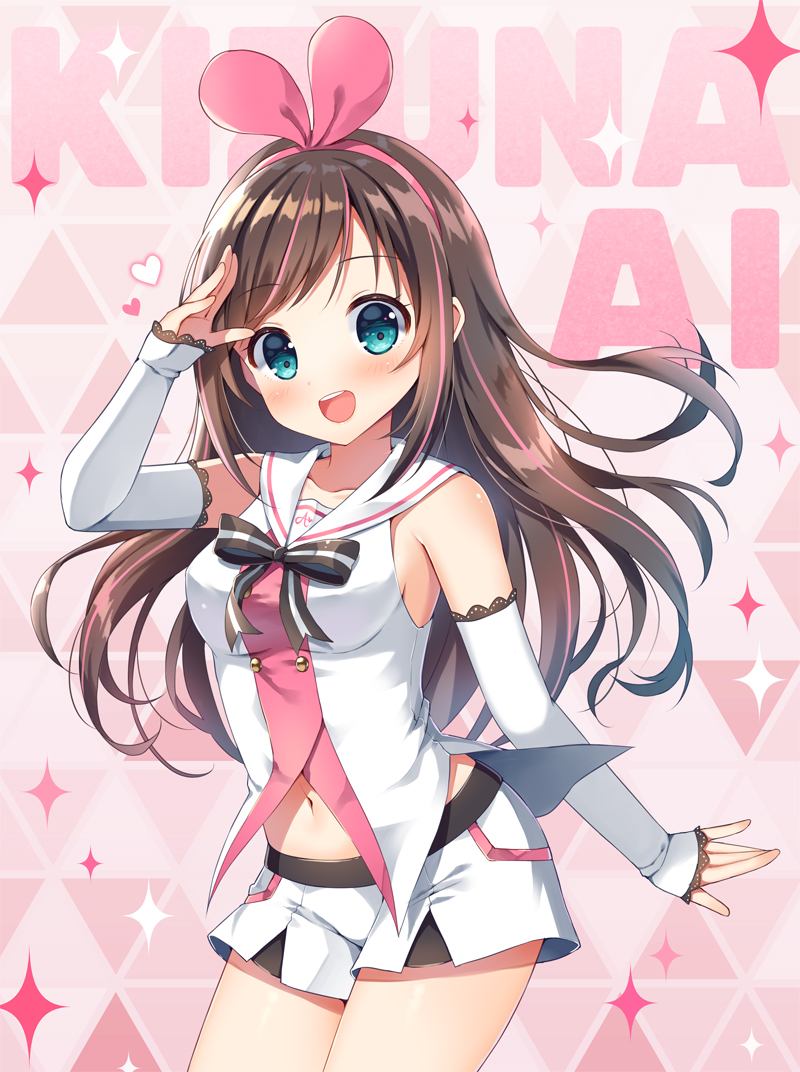 1girl :d a.i._channel arm_up bangs bare_shoulders blush brown_hair character_name commentary_request detached_sleeves eyebrows_visible_through_hair green_eyes hair_ribbon hairband head_tilt heart kizuna_ai long_hair long_sleeves mauve multicolored_hair open_mouth pink_hair pink_hairband pink_ribbon ribbon shirt short_shorts shorts sleeveless sleeveless_shirt sleeves_past_wrists smile solo sparkle streaked_hair upper_teeth very_long_hair virtual_youtuber white_shirt white_shorts white_sleeves