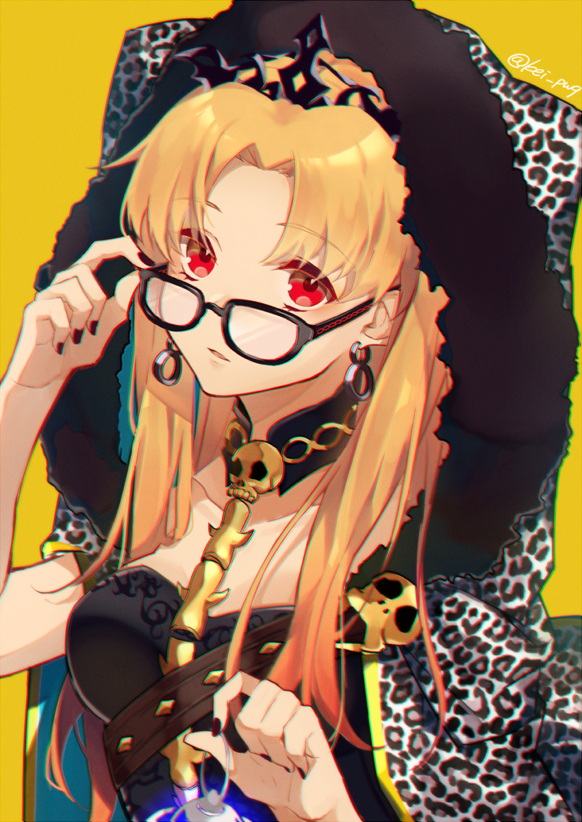 1girl arm_up bangs black-framed_eyewear black_collar black_dress black_nails blonde_hair breasts collarbone commentary_request detached_collar dress earrings ereshkigal_(fate/grand_order) eyebrows_visible_through_hair fate/grand_order fate_(series) fingernails fujikiri_yana fur-trimmed_hood fur_trim glasses hand_up head_tilt highres hood hood_up infinity jewelry long_hair looking_at_viewer medium_breasts nail_polish parted_bangs parted_lips red_eyes simple_background skull solo spine tiara twitter_username two_side_up upper_body yellow_background