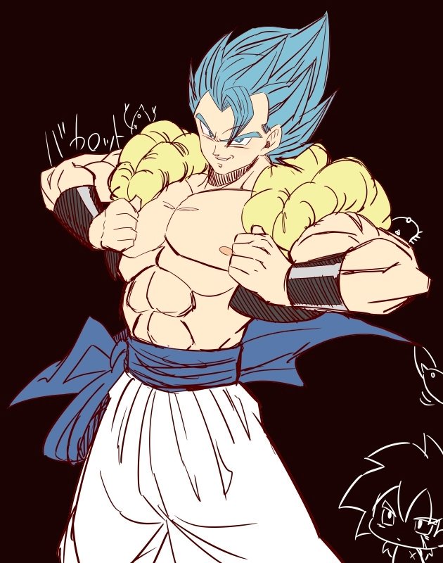 2boys abs arms_up baggy_pants belt black_background blue_eyes blue_hair broly_(dragon_ball_super) chest commentary_request dragon_ball dragon_ball_super dragon_ball_super_broly dragonball_z eyebrows_visible_through_hair gogeta grabbing grin looking_at_viewer male_focus multiple_boys muscle nipples open_clothes open_vest pants parted_lips pectorals shirtless short_hair simple_background smile smirk spiky_hair standing stomach super_saiyan_blue translated upper_body v-shaped_eyebrows vest waistcoat white_pants wristband