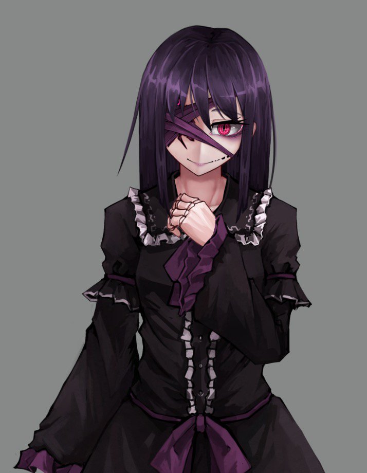 1girl ageha_(ray-k) black_dress center_frills commentary_request doll_joints dress eyeshadow frilled_shirt_collar frilled_sleeves frills grey_background hand_on_own_chest long_hair long_sleeves looking_at_viewer makeup monster_girl one_eye_covered original purple_hair ray-k red_eyes simple_background slit_pupils smile solo upper_body white_background