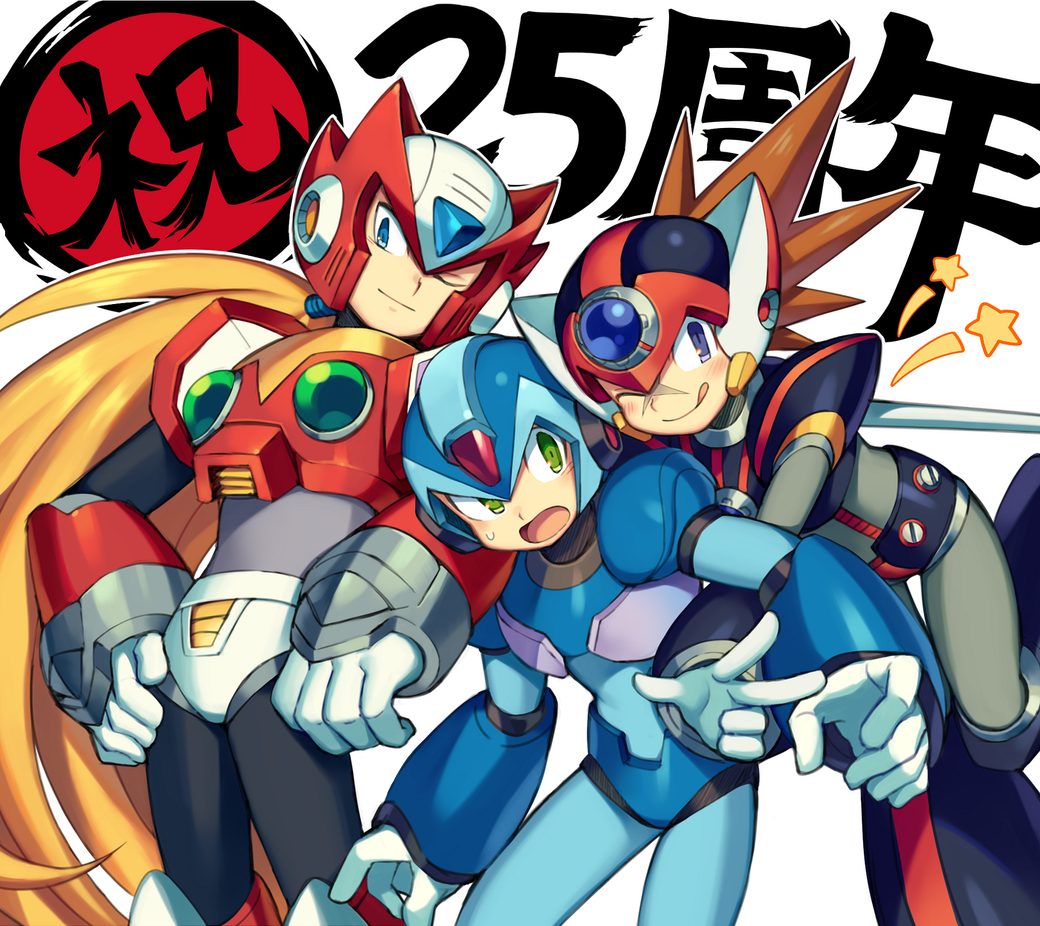 3boys android anniversary axl blonde_hair blue_eyes blush brown_hair capcom commentary_request gloves green_eyes hand_on_hip helmet iroyopon leg_up long_hair male_focus multiple_boys one_eye_closed open_mouth ponytail rockman rockman_x smile spiky_hair text_focus tongue tongue_out v very_long_hair white_background white_gloves x_(rockman) zero_(rockman)