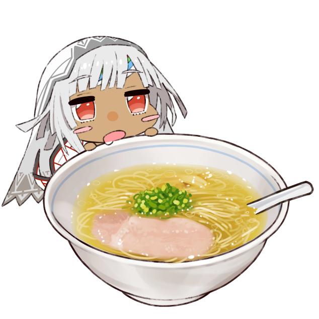 1girl altera_(fate) blush_stickers bowl chibi dark_skin drooling eyebrows_visible_through_hair fate/extella fate/extra fate_(series) food_request grey_hair headband jitome kou_mashiro open_mouth red_eyes short_hair simple_background solo spoon veil white_background