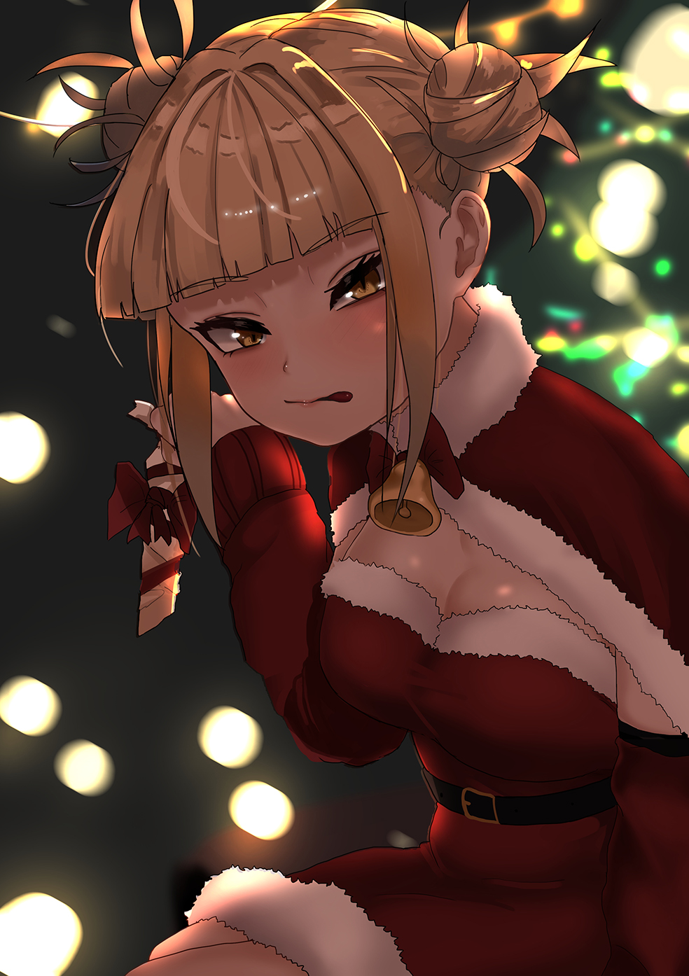1girl alternate_costume bangs bell blonde_hair blunt_bangs blush boku_no_hero_academia breasts capelet christmas cleavage detached_sleeves double_bun dutch_angle fur-trimmed_capelet fur_trim highres looking_at_viewer neck_bell solo toga_himiko yellow_eyes zd_(pixiv6210083)