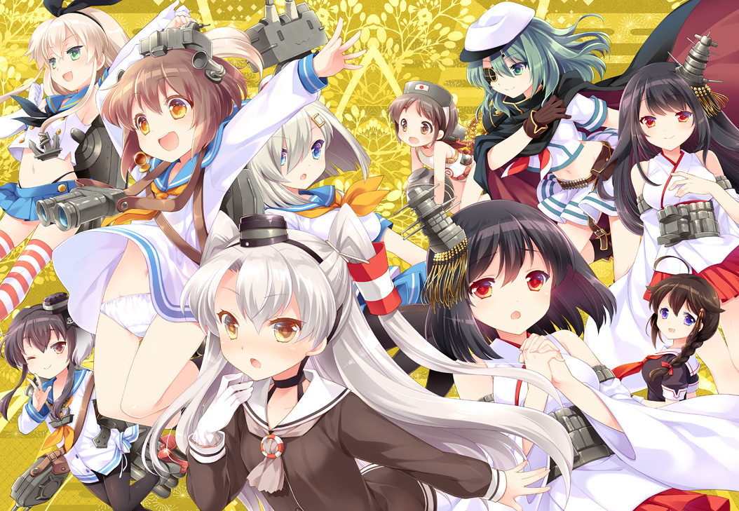 6+girls ahoge amatsukaze_(kantai_collection) anchor anchor_hair_ornament anchor_symbol arm_(artist) bangs belt binoculars black_hair black_legwear black_panties black_serafuku blonde_hair blue_eyes blue_skirt blush braid breasts brown_dress brown_eyes brown_hair cape choker closed_mouth collarbone commentary_request crop_top detached_sleeves diving_mask diving_mask_on_head dress elbow_gloves eyebrows_visible_through_hair eyepatch eyes_visible_through_hair flat_chest floral_print flotation_belt fusou_(kantai_collection) gloves gradient_hair green_eyes green_hair grey_hair hair_between_eyes hair_flaps hair_ornament hair_over_one_eye hair_over_shoulder hair_tubes hairband hairclip hamakaze_(kantai_collection) hat headband headgear headset high_heels highleg highleg_panties japanese_clothes kantai_collection kiso_(kantai_collection) lifebuoy long_hair looking_at_viewer lowleg_pantyhose machinery maru-yu_(kantai_collection) microskirt military military_uniform mini_hat multicolored_hair multiple_girls naval_uniform navel neckerchief nontraditional_miko one-piece_swimsuit open_mouth panties pantyhose pantyshot parted_bangs pauldrons pleated_skirt red_eyes ribbon rudder_shoes sailor_collar sailor_dress school_swimsuit school_uniform serafuku shigure_(kantai_collection) shimakaze_(kantai_collection) shirt shoes short_dress short_hair short_hair_with_long_locks sidelocks silver_hair simple_background single_braid single_glove skirt skirt_lift smile speaking_tube_headset standing striped striped_legwear swimsuit thigh-highs thong tied_shirt tokitsukaze_(kantai_collection) torpedo_launcher two_side_up underwear uniform violet_eyes white_gloves white_hair white_panties white_school_swimsuit white_swimsuit wide_sleeves windsock yamashiro_(kantai_collection) yellow_neckwear yukikaze_(kantai_collection)